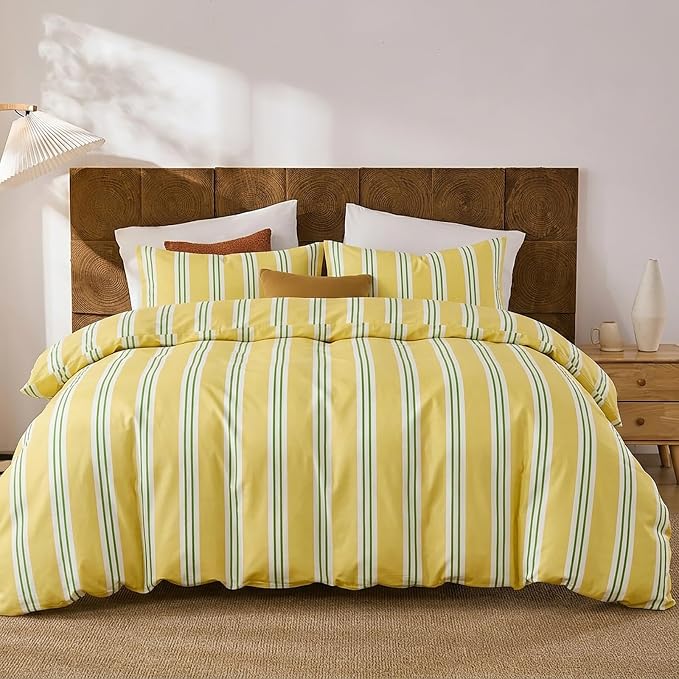 Merryword Striped Duvet Cover Set King Size - 100% Cotton Duvet Cover Set, Yellow Ribbon Stripes Pattern Comforter Cover 3 Pieces, Soft Linen Like Bedding Set for All Seasons
