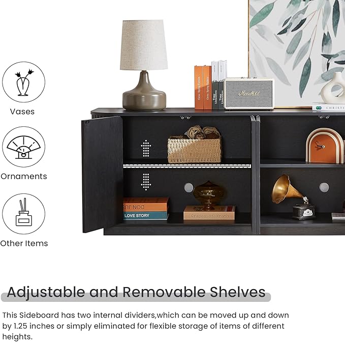 LKTART 64" Sideboard Buffet Cabinet with Storage, Wooden Fluted Storage Cabinet Sideboard Credenza with Adjustable Shelves Pressed Spring for Kitchen Living Room (Black)