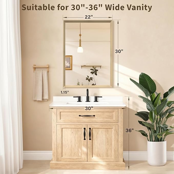 Oak Wood Effect Framed Wall Mirror, 22x30 Rectangle Mirror, Anti-desilvering Tempered Glass, Sustainable& Sturdy Frame, Anti-Rust, HD Reflection &3min Fast Setup for Bathroom Living Room