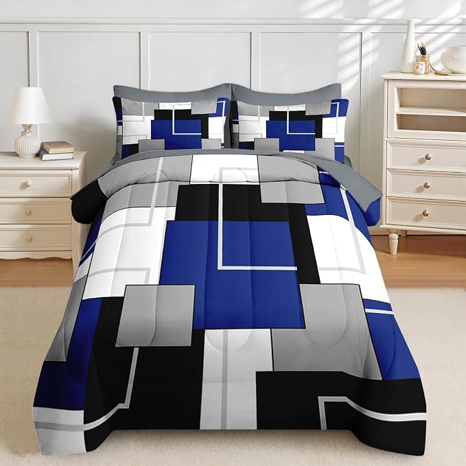 Nesker Comforter Set King Size, Blue Black Geometric 7 Pcs Bedding for Kids and Adults, Grey Abstract Modern Bed Sheet Sets with Fitted Sheet 2 Pillowcases & 2 Shams