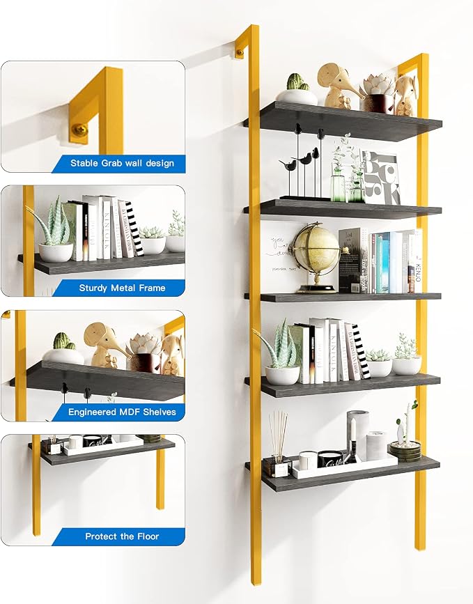 DKLGG 5-Tier Ladder Shelf, Industrial Wall Mounted Bookshelf, Narrow Ladder Bookcase with Wood Board and Metal Frame, Open Display Shelf for Living Room, Bedroom, Office, Black and Gold