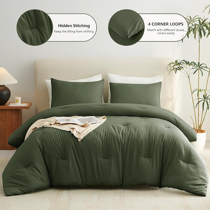 CozyLux California King Comforter Set Olive Green, 3 Pieces Cal King Lightweight Down Alternative Quilted Bedding Sets, All Season Breathable Solid Comforter with 2 Pillowcases, Bed Set Gift for Home