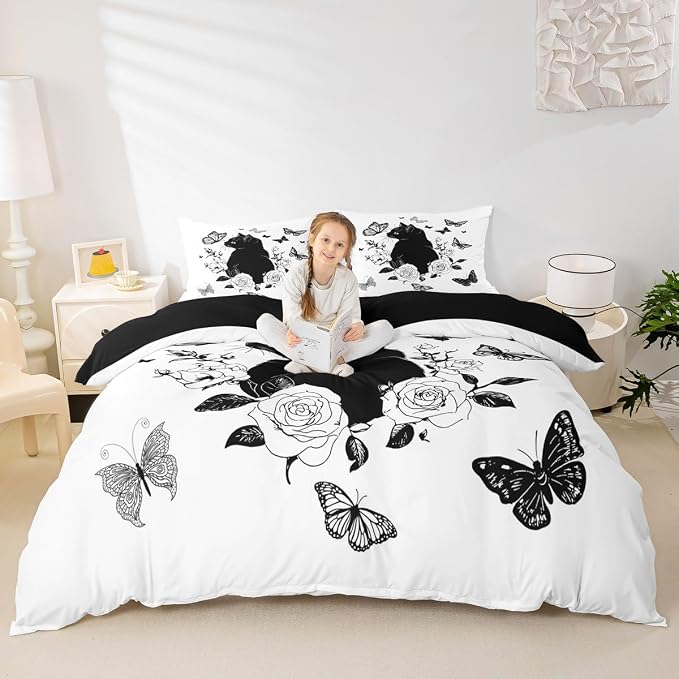 Erosebridal Elegant Cat Duvet Cover Twin Black Floral Butterfly Bedding Set Black and White Comforter Cover for Kids Girls Boys Adults Cute Animal Bed Set