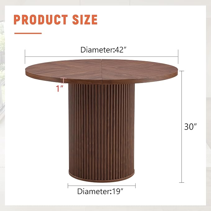 42" Round Dining Table for 4-6,Mid Century Modern Dining Room Table with Walnut Wood Grain,Rustic Kitchen Table with Round Pedestal for Dining Room Kitchen