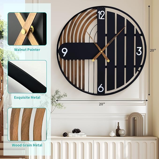 20 Inch Round Wall Clock Wood Silent Non-Ticking Battery Operated, Rustic Farmhouse Decorative Clocks for Home Decor, Kitchen, Living Room, Bedroom, Office