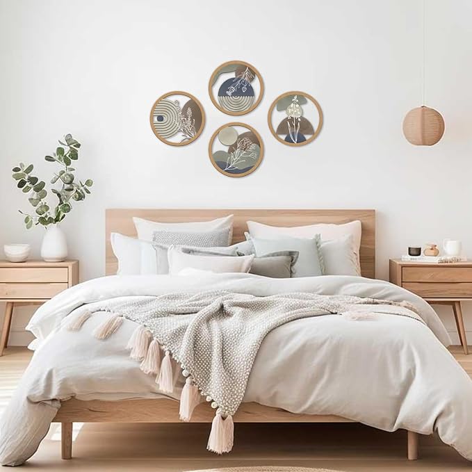 TOARTi 4Pieces Boho Botanical Wooden Wall Art,Farmhouse Geometric Round Wall Decor,Vintage Bohemian Plants Hanging Art,Morden Minimalist Aesthetic Artwork for Bedroom Living Room