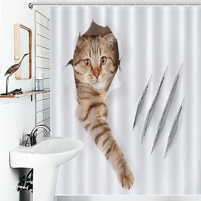 Cat Shower Curtain Funny Cat Hole Claw Scratches Playful Pet Pattern Duty Fabric Shower Curtains Set Bathroom Polyester Waterproof with 12 Hooks, 55x72Inch（140x183cm）
