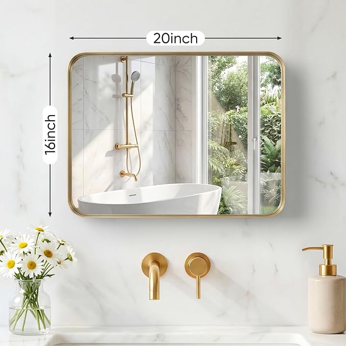 NEWBULIG 16X20 Inch Bathroom Mirror for Over Sink, Wall Vanity Mirrors Tempered Glass, Anti-Rust Metal Framed Rounded Rectangle, Hangs Horizontally or Vertically, Farmhouse Home Decor, Gold