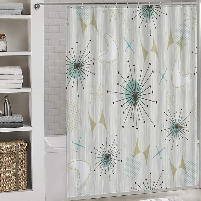 Mid Century Shower Curtains Modern Atomic Age Pattern Retro 50s Pattern Duty Fabric Shower Curtain Set Bathroom Polyester Waterproof with 12 Hooks, 66x72Inch（168x183cm）