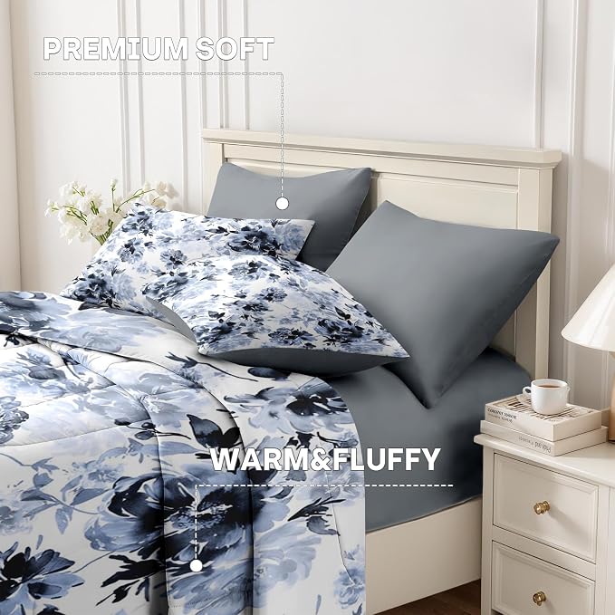 Nesker Comforter Set Full Size, Navy Blue Floral 7 Pcs Bedding for Kids and Adults, Blue White Abstract Bed Sheet Sets with Fitted Sheet 2 Pillowcases & 2 Shams
