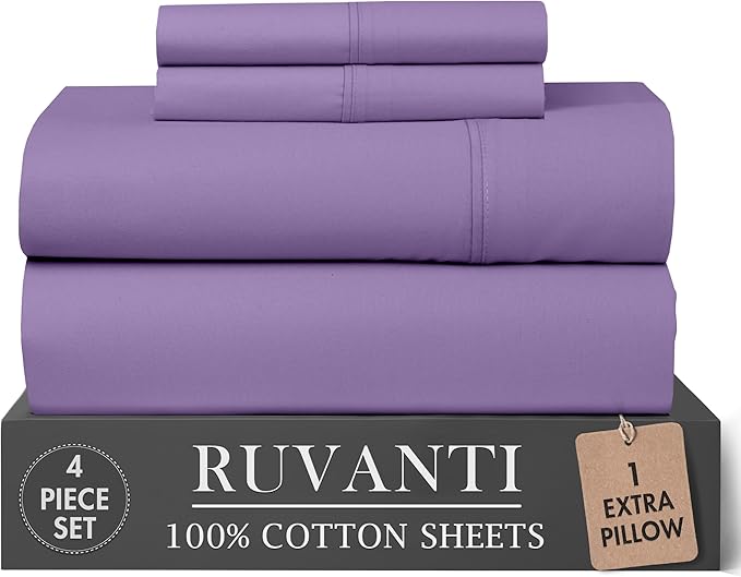 RUVANTI 100% Cotton Percale Sheets Twin XL Size 4 Piece Set, Cooling Bed Sheets for Hot Sleepers, Deep Pocket 16”, Breathable Lightweight & Durable, Crisp Hotel Style Sheets, Purple Sage