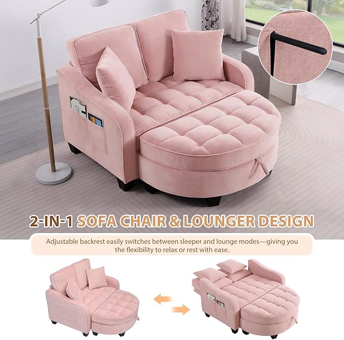 Oversized Curved Chaise Lounge Chair Indoor with Ottoman, 54.8" Cloud Boneless Reading Chair Soft Chenille Circle Couch w/Adjustable Backrest for Living Room, Apartroom, Bedroom, Pink