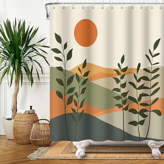 Modern Boho Shower Curtain Set,Mid Century Shower Curtains for Bathroom,Minimalist Sun Waterproof Bathroom Curtains with Hooks 72x72inch