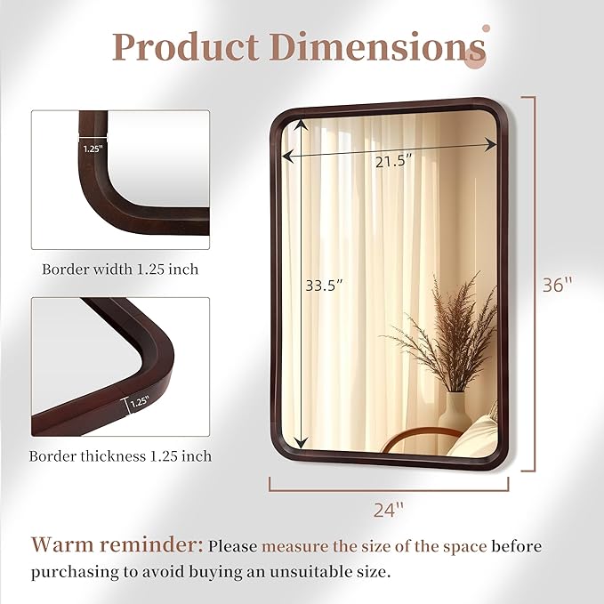 Bathroom Mirror for Wall,Wood Rectangle 24 x 36 inch Hanging Vatiny Tempered Mirrors with Rounded Corner for Living Room,Bedroom,Entryway