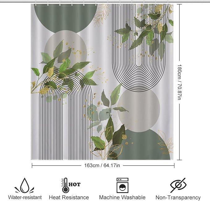 Boho Green Shower Curtain, Mid Century Modern Abstract Gold Leaves Plant Minimalist Bathroom Curtain Polyester Waterproof Fabric Decor 66x72in（168x183cm）
