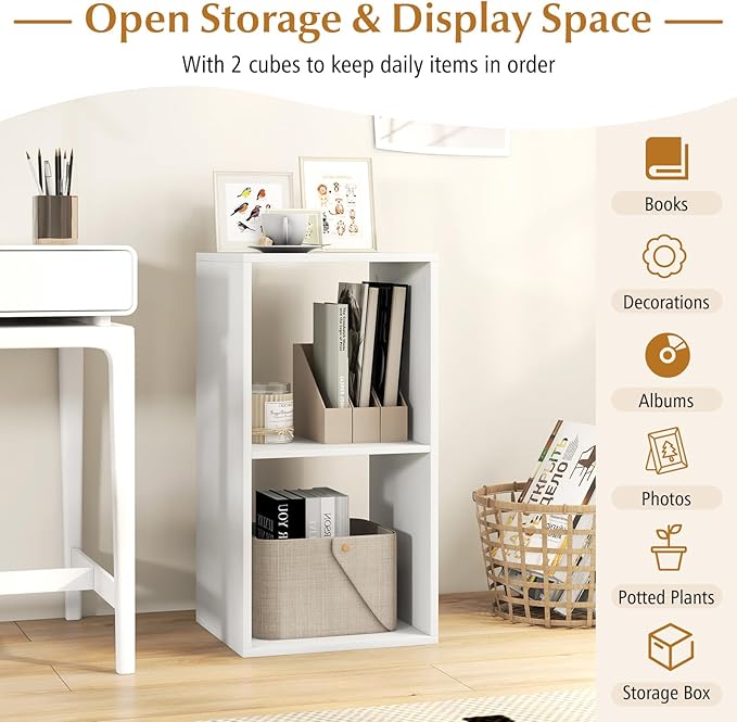 Tangkula 2-Cube Bookcase, 3-Tier Bookshelf with Open Compartments, Freestanding Cube Storage Organizer with Anti-Toppling Kits, Modern Display Shelf for Living Room, Study (2, White, 2-Cube)