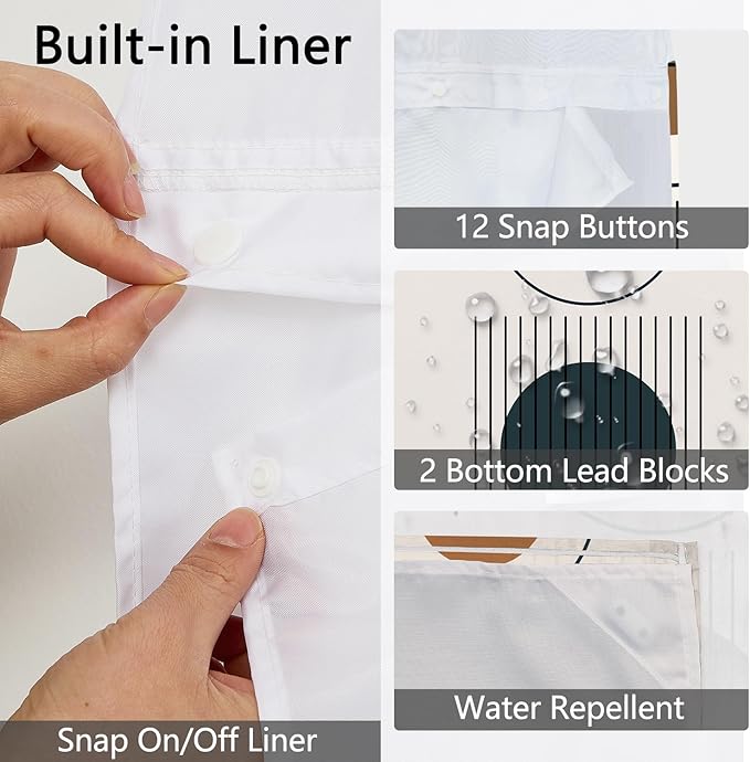 No Hook Boho Shower Curtain with Snap in Liner Set, Modern Geometric Minimalist Pattern, Waterproof Fabric Bath Curtain with Mesh Top Window, 71x74 Inches