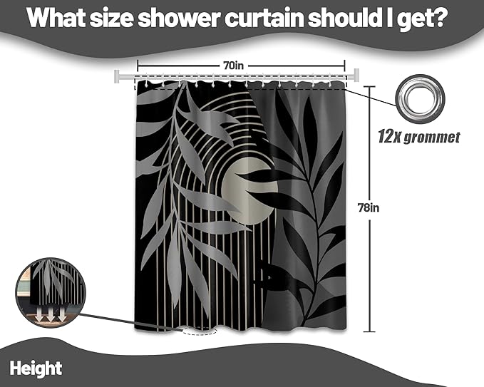Boho Black and Grey Shower Curtain, Mid Century Modern Black and Gray Shower Curtains for Bathroom, Waterproof Fabric Set with Hooks, (70" W X 78" L)
