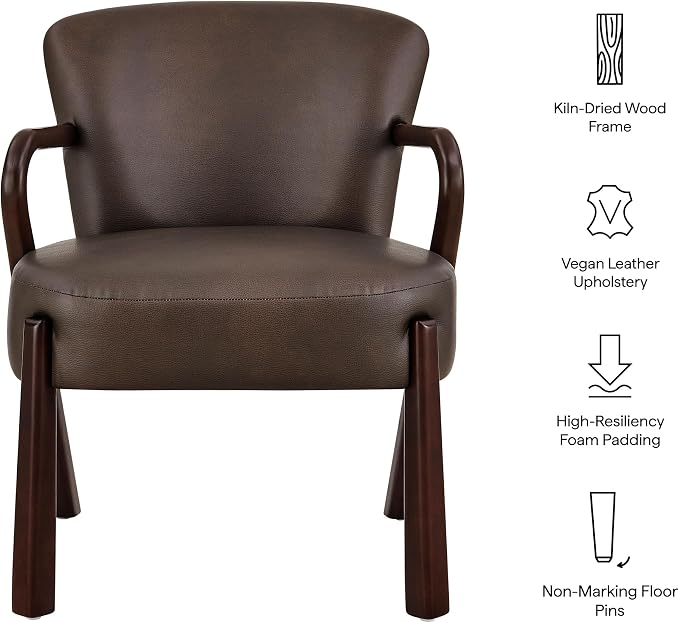 Modway Arden Faux Leather Upholstered Accent Armchair in Espresso – Mid-Century Modern Lounge Chair with Curved Wood Frame