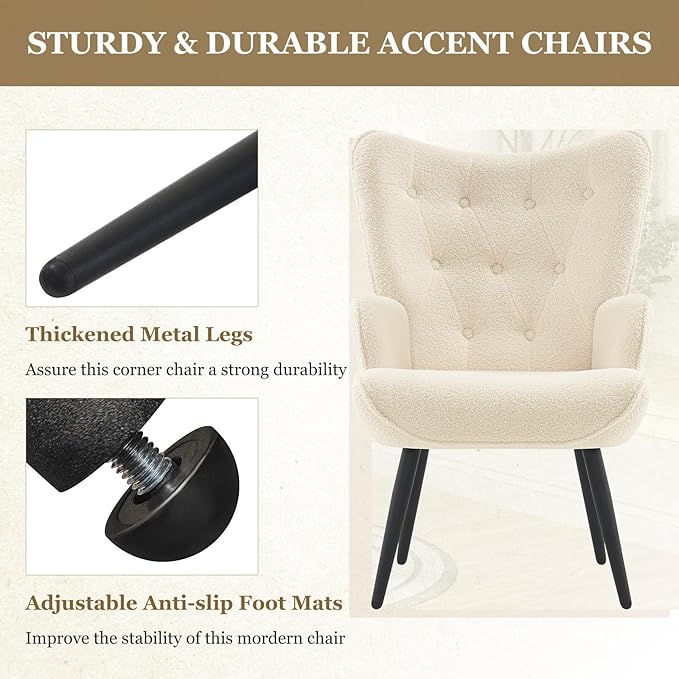 Furnimart Accent Chairs Set of 2, White Sherpa Reading Armchair with High Backrest, Wingback Corner Chair Mid Century Modern for Living Room, Bedroom, Waiting Room