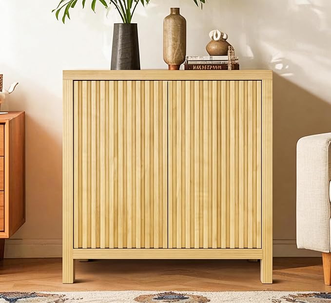 ZYBT Fluted Sideboard Buffet Cabinet, Mid Century Modern Accent Cabinet with 2 Doors and Adjustable Shelf, Storage Cupboard Credenza Console Table for Living Kitchen Dining Room Hallway (Oak)