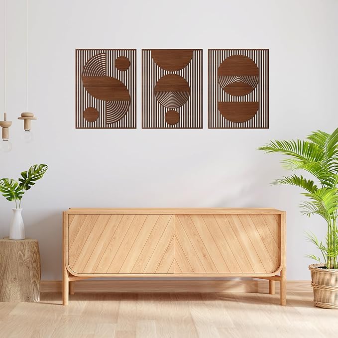 Homenthus 3 Pcs Abstract Wood Wall Art, Mid Century Modern Geometric Wood Wall Decor Minimalist Wooden Wall Art Decor Panels for Boho Living Room Bedroom Kitchen Dining Room Office Home Wall Decor