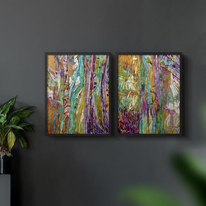 Renditions Gallery Set of 2 Peel & Stick Framed Prints, Modern Abstract Wall Art, Colorful Artistic Painting Wall Decor, Re-Stickable - Ready to Hang - 22"x28" - Black Frame LT588
