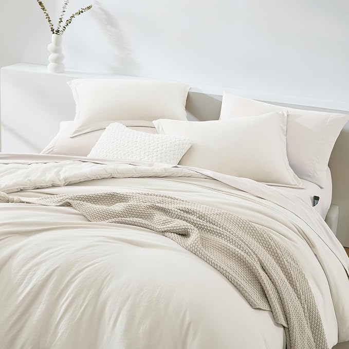 WRENSONGE Full Size Comforter Set- 7 Pieces White Bed in a Bag Full Size Comforter with Fitted Sheet, Flat Sheet, 2 Pillow Shams, 2 Pillowcases, Warm Bedding Sets for All Season