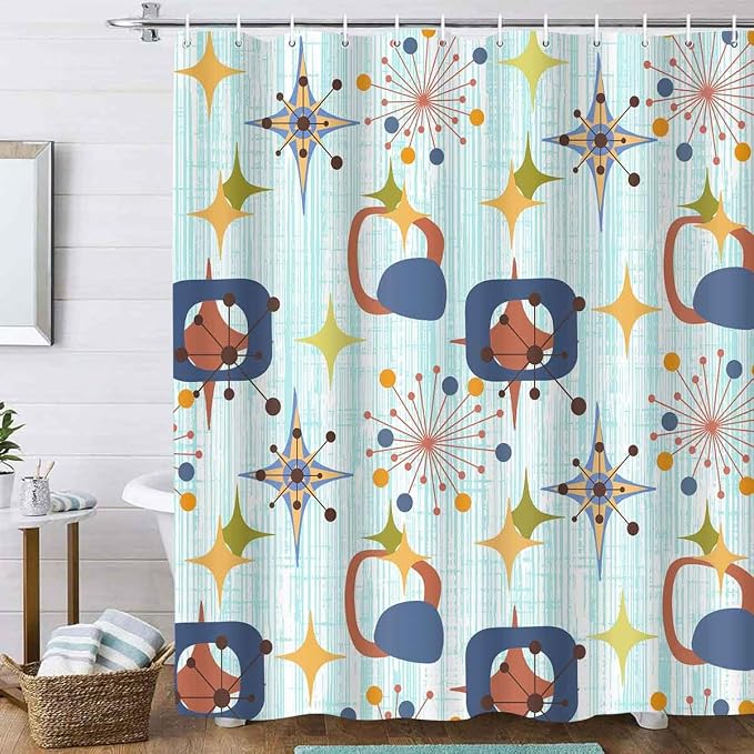 Mid Century Shower Curtain, 72x84inch, Modern Abstract Retro Blue Striped Geometric Shower Curtain Sets 1950s Boho Bathroom Shower Curtain with 12 Hooks