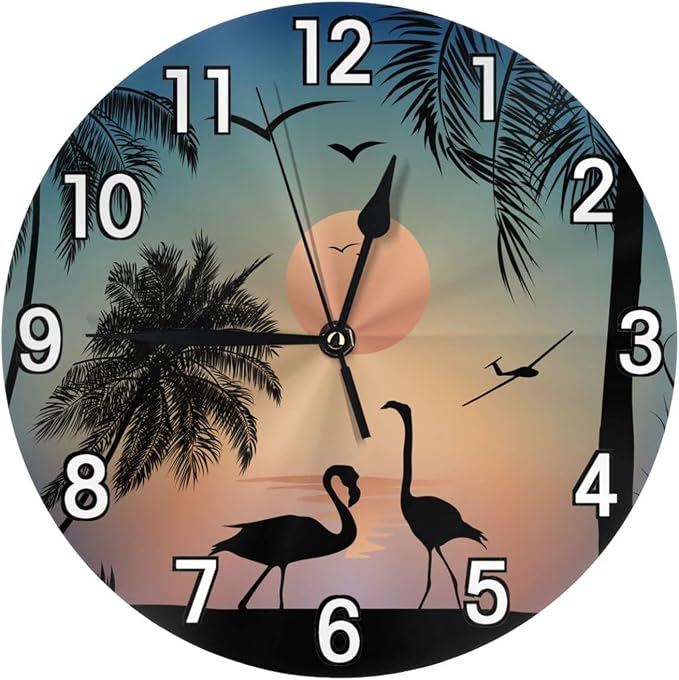 Flamingos Walk on the sea Beach Wall Clock Battery Operated Silent Round Clock Wall Decor for Home Office School, 12 Inch