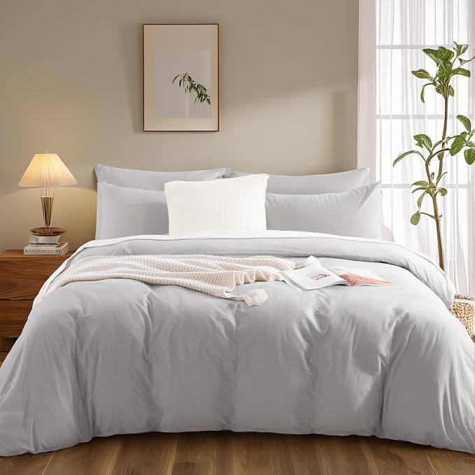 NEXHOME PRO Duvet Cover Set California King Linen Look Textured Organic Natural 100% Washed Cotton Duvet Cover 3 Pieces Bedding Set with Zipper Closure, Breathable, Soft, Light Grey (No Comforter)