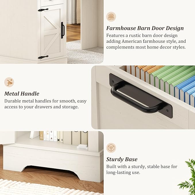 Squireewo 68.9'' Farmhouse L Shaped Desk with Drawers, Wood Executive Home Office Desk with Charging Station, File Drawers and Storage Cabinet, Computer Corner Desk for Work, Study and Writing, White