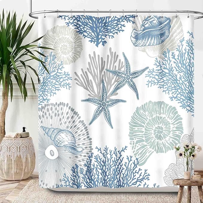Nautical Coastal Shower Curtain,Summer Coral Starfish Seashell Blue Ocean Beach Shower Curtains for Bathroom Waterproof Polyester Fabric Bathroom Curtain with Hooks,72x72Inch
