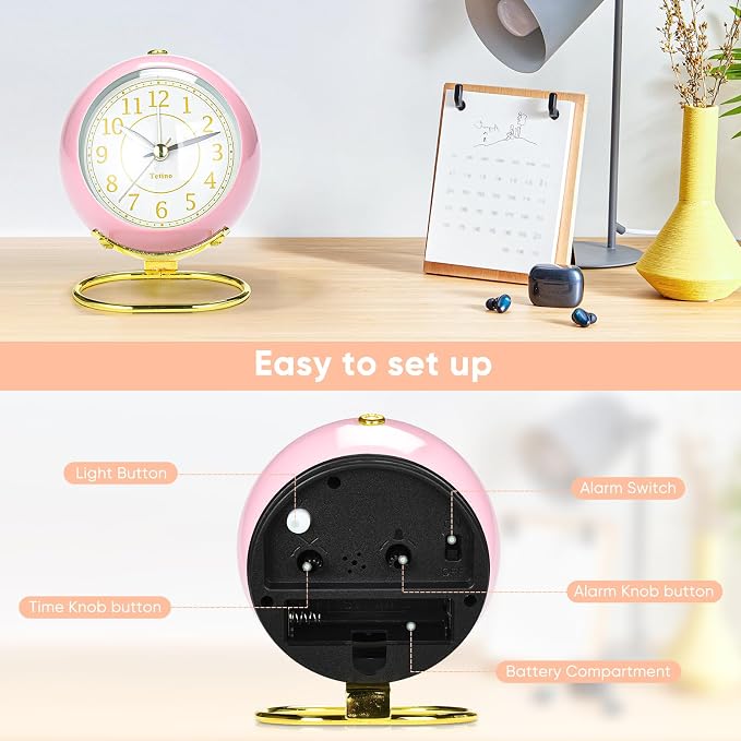 Analog Alarm Clocks,Retro Backlight Cute Simple design Small desk Clock With Night Light,Silent Non-Ticking,Battery Powered,For Kids,teens,Bedroom,travel,kitchen,Bedside Desk decor. (Light pink)