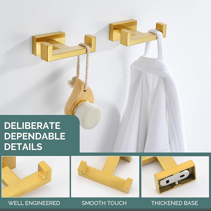 Angle Simple Double Towel Hook Brushed Dark Gold 2 PCS, SUS304 Stainless Steel Bathroom Hand Towel Holder, Double Robe Hook for Wall