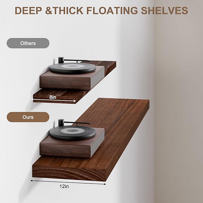 Floating Shelves for Wall, 12x60 Inch Extra Long Walnut Wood Wall Mounted Shelves, Set of 2 with Invisible Brackets for Living Room, Bedroom, Kitchen, Modern Farmhouse Decor