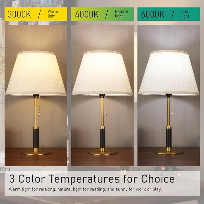 21" Modern Bedside Lamp Mid Century Table Lamp, Pull Chain Nightstand Lamp for Bedroom Living Room 3-Color Light, Solid Wood/Metal/Fabric for Home/Office/Desk Decor (Light Brown+Brass)