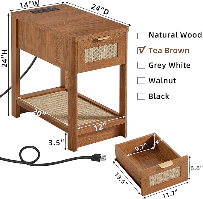 Lerliuo Narrow Night Stand with Charging Station, Boho Nightstand with Drawer, Bed Side End Table with Rattan Shelf for Small Spaces, Wood Nightstands Bedside Tables for Living Room Bedroom