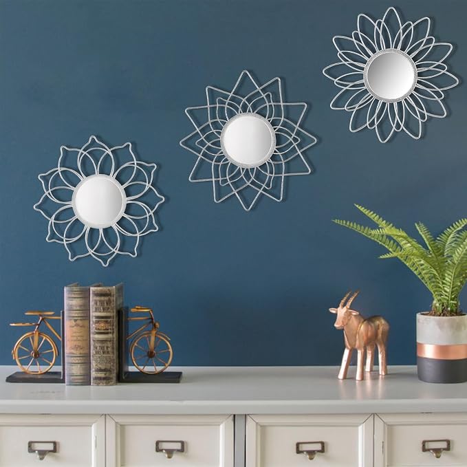 Silver Mirrors for Wall, 9 inch Metal Flower Mirrors Home Valentine Decoration, Valentine Wall Art Decorative Mirror Small Mirror for Living Room Bedroom, Entrance Set of 3
