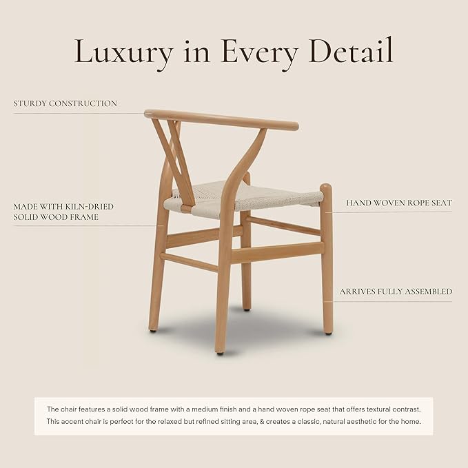 POLY & BARK Weave Dining Chairs – Mid-Century Modern Wishbone Dining Chairs with Arms, Solid Wood Frame, Indoor Use – Natural – Set of 2 - Ideal for Dining Room, Kitchen or Stylish Accent Setting