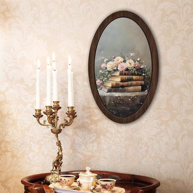 UYIKG Vintage Floral Wall Art Oval Framed,Farmhouse Oval Wooden Wall Decor,Oil Painting Art Wooden Framed Decor for Theme Room Home Bedroom Living Room Reading Room 9x14.6 in