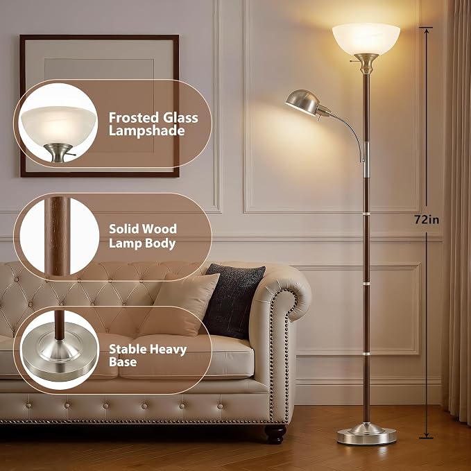 EJIAXIN Wood Floor Lamp for Living Room - Walnut Torchiere Floor Lamps for Bedroom Standing Lamp with Glass Shade - Mid Century Modern Corner Tall Lamps for Home Office Nursery Reading Light,2 Head