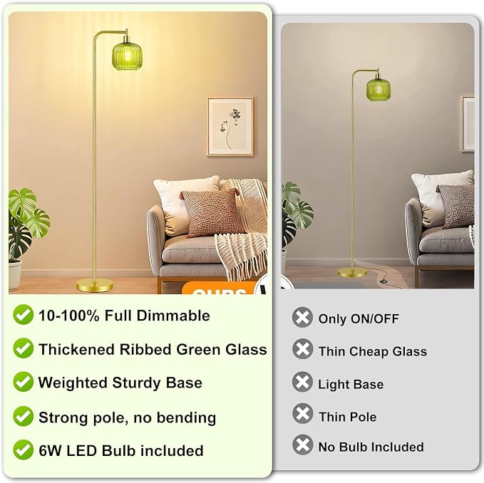 Vinaco Glass Arc Floor Lamps for Living Room, Brused Gold Floor Lamp with Ribbed Glass Shade, Dimmable Tall Lamps with Rotary Switch, Modern Standing Lamp with Bulb Included for Bedroom, Study Room