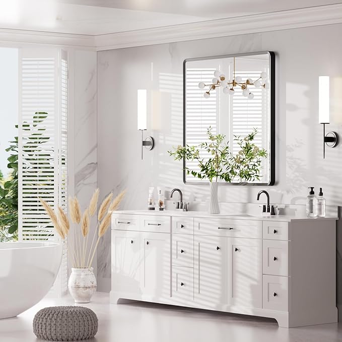 36x36 inch Black Bathroom Mirror, Rectangle Metal Aluminum Alloy Frame, HD Tempered Glass, Horizontal or Vertical Hanging, Modern Bathroom Decor