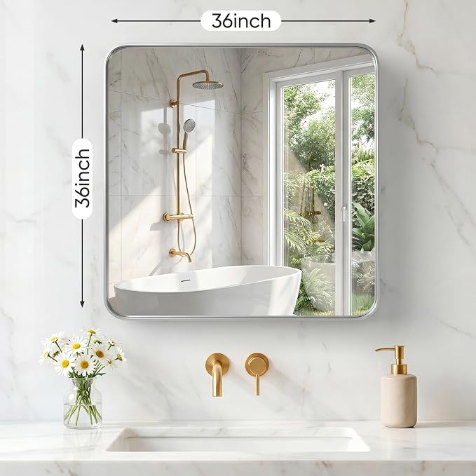 NEWBULIG 36X36 Inch Bathroom Mirror for Over Sink, Wall Vanity Mirrors Tempered Glass, Anti-Rust Metal Framed Rounded Rectangle, Hangs Horizontally or Vertically, Farmhouse Home Decor, Silvery