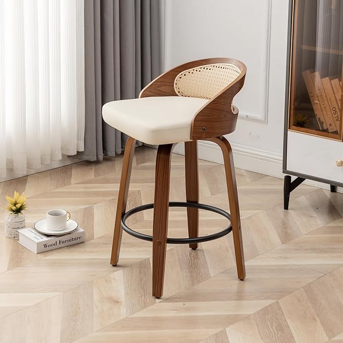 30" Swivel Rattan Bar Stools Set of 2,Mid-Century Modern Faux Leather Upholstered Bar Height Stools,Kitchen Island Barstool with Rattan Low Backrest,Walnut Wood Finish Bar Chairs,Beige PU