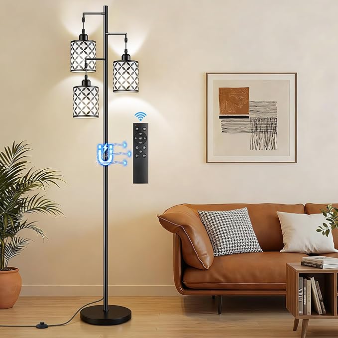 Dimmable Floor Lamp, Farmhouse Standing Lamp with Elegant Metal Cage, Industrial Tall Tree Floor Lamps for Living Room, Bedroom, Study Room, Office, 3 x 1100LM LED Bulbs Included, 72",Black