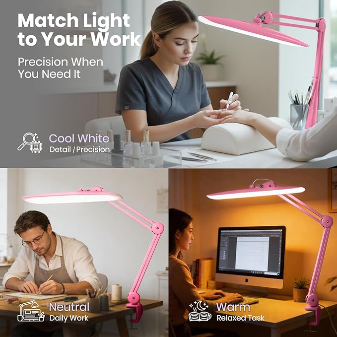 Neatfi XL Nail Desk Lamp with Clamp, 2200 Lumens, 20-Inch Wide Head, Dimmable 4 Levels, 3 Color Modes 3000K–6000K, LED Task Light for Manicure Table, Crafts, Workbench, Office (CCT, Pink)