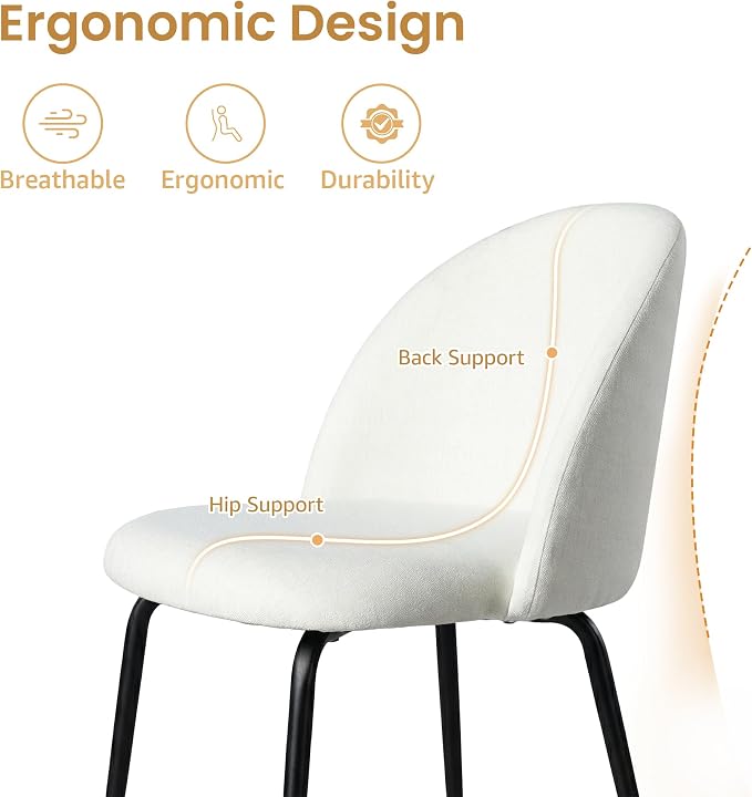 Casaphoria Dining Chairs Set of 2, Modern White and Black Upholstered Accent Chairs with Metal Legs, Ergonomic Comfy Vanity Chair for Kitchen, Living Room, and Bedroom