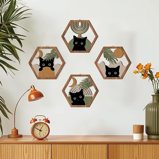 HPNIUB Boho Black Cat Wall Decor, Farmhouse Geometric Hanging Wooden Wall Art, 4 Pieces 11''x9.8'' Mid Century Bohemian Abstract Moon and Sun Wood Sign for Nursery Bedroom Decoration, Lovely Cat Gifts
